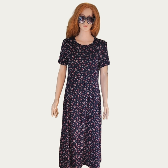 Laura Ashley 100% Cotton Dark Blue Ditsy Floral Midi Dress, Sz M EUC - Picture 6 of 8